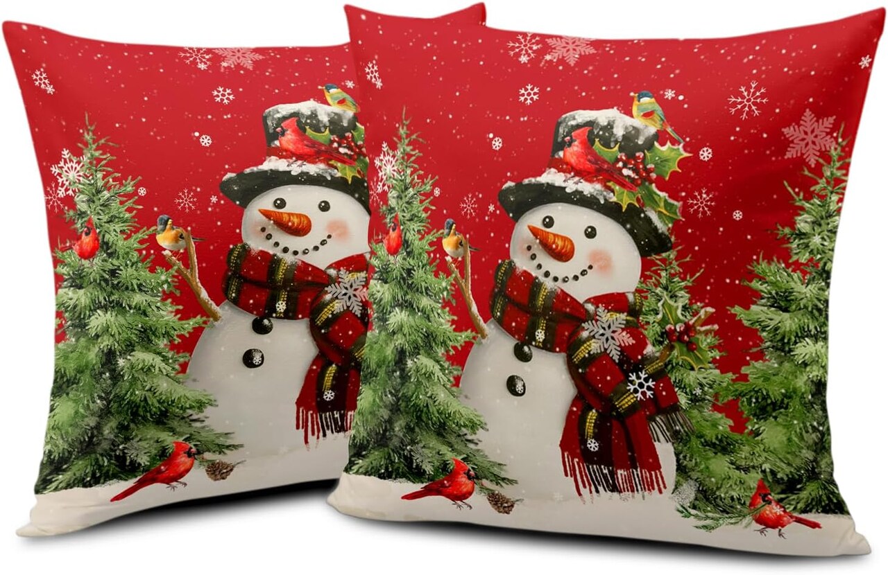 Snowman Christmas Red Throw Pillow Covers 18x18 Set of 2 Winter Snow Snowman Pine Tree Bird Print Decorative Outdoor Pillow Cases Xmas Farmhouse Pillowcase Winter Holiday Decor for Home Couch